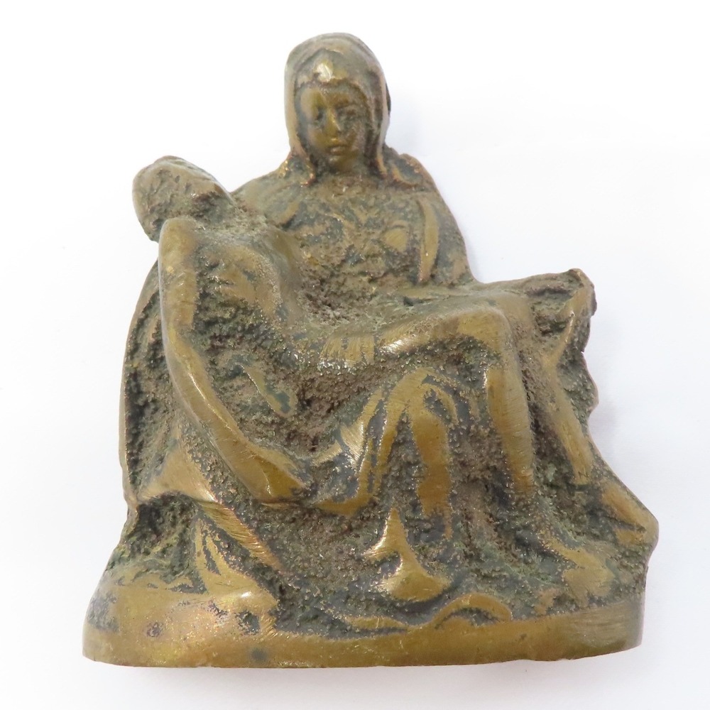 VTG Bronze Tone Pieta Statue Mary Holding Jesus Cast Metal Religious Figurine
